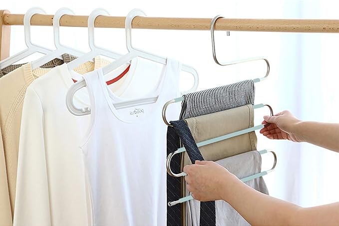 Devesanter Space Saving Non-Slip 4 Pack S-Shape Trousers Hangers - Stainless Steel Closet Storage Organizer for Pants, Jeans & Scarves - Green