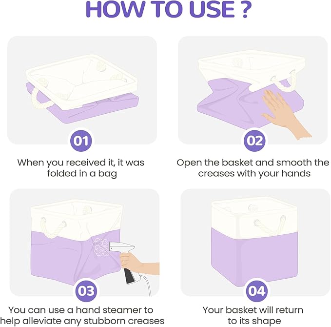 12 x 12 Inch Cube Storage Bins, 4 Pack Fabric Storage Basket with Handles, Foldable Boxes Organizer for Shelf Baskets for Home, Clothes (White/Purple)