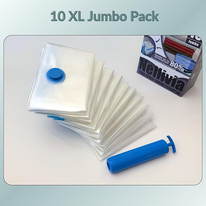 10 XL Jumbo Vacuum Storage Bags with Pump, Extra Large Compression Space Saver for Comforter, Duvet, Bedding, Blanket Storage, Vacuum Seal Bags for Clothing, Luggage Closet Organizer