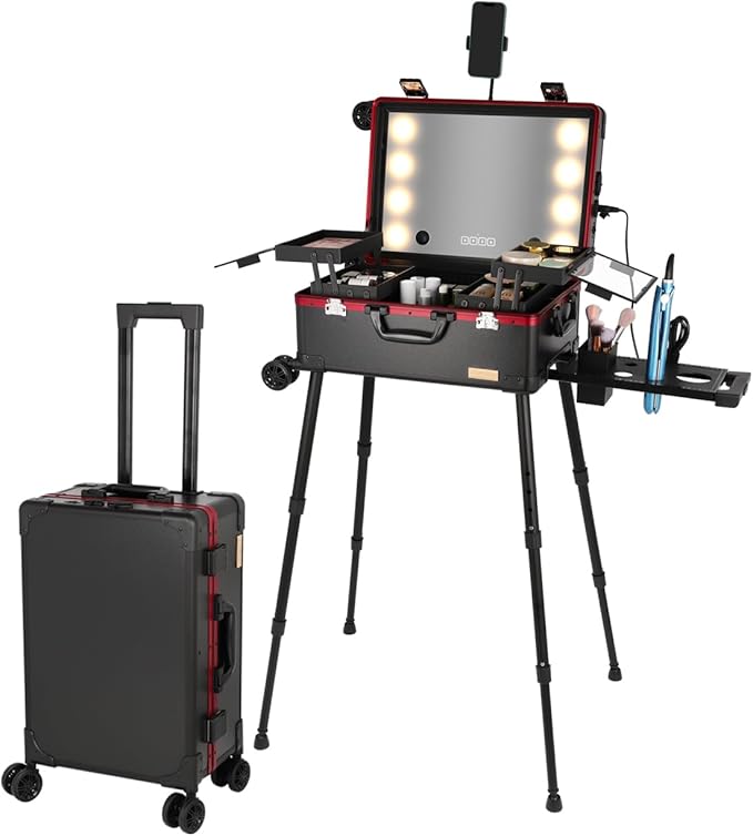 20" Aluminum Ligthed Makeup Train Case with LED Lights Professional Cosmetic Organizer Studio with Speaker, Wheels and Stands Rolling Trolley Makeup Vanity Station for Travel (Black)
