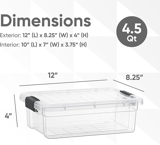Superio Clear Storage Boxes with Lids, 4.5 Quart Plastic Container Bins for Organizing, Stackable Crates, BPA Free, Non Toxic, Odor Free, Organizers for Home, Office and Dorm, 8 Pack