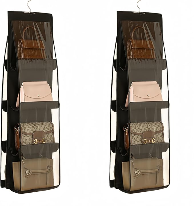 HAN SHENG 8 Pockets Clear Handbag & Purse Organizer Hanging Bag Storage - Space Saving Hanging Shelf for Closet, Wardrobe, Over Door (2 Pack, Black)