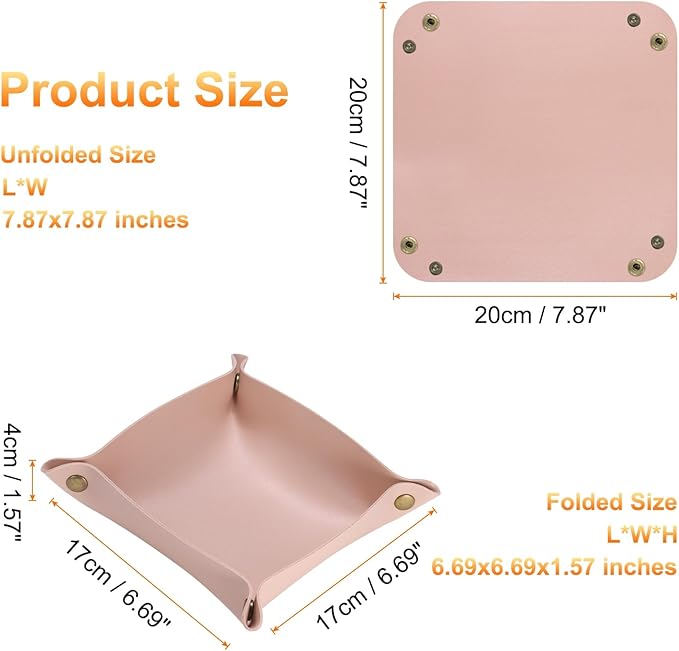 HARFINGTON 4pcs PU Leather Valet Tray Unisex Folding Small Catchall Tray Portable Entryway Table Tray Nightstand Bedside Desk Tray for Key Wallet Watch Coin Jewelry Dice, Pink