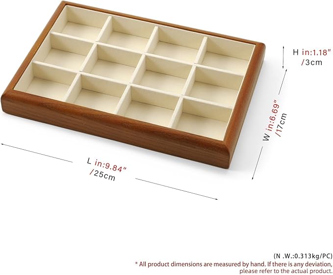 Solid Wood 12 Grids Jewelry Tray Stackable Jewelry Drawer Organizer Showcase Display Organizer Tray for Rings Earrings(Beige)