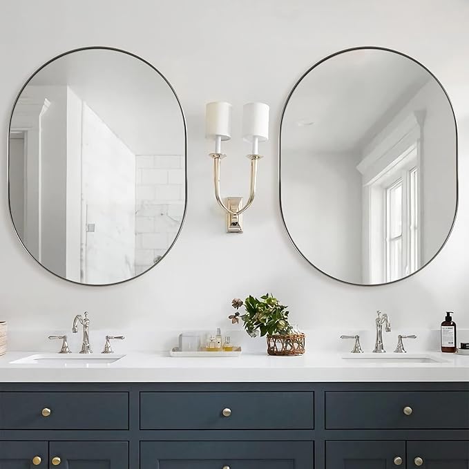 ANDY STAR Brushed Nickel Oval Bathroom Mirror, 30x40 Oval Nickle Mirror Pill Shaped in Premium Stainless Steel Metal Frame 1”Deep Wall Mounted Horizontal/Vertical