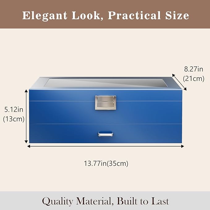 ProCase Lacquered Finish Wooden Men's Jewelry Box, 6 Slots Watch and Sunglasses Box Organizer for Men, 2-Tier Watch Holder Display Cases with Glass Top and Storage Drawer -Blue