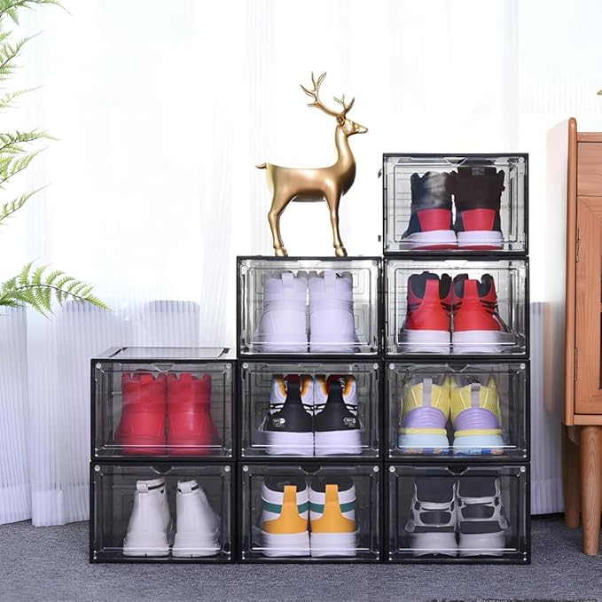 Large Black Shoe Storage Boxes Stackable, 12 Pack Hard Plastic Shoe Storage Organizer with Magnetic Door, Shoe Container Sneaker Storage Display Case Fit up to US Size 12 Black