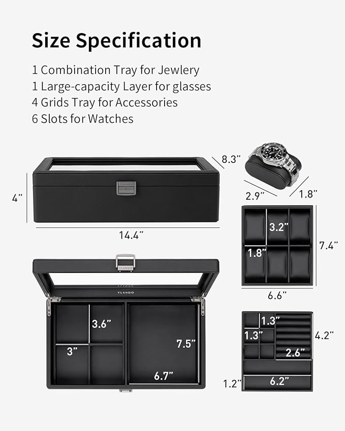 Vlando 6-Slot Watch Box Organize, Lockable Watch Case with Textured Leather, 2 Layer Watch Holder for Rings, Bracelets, Glasses, Glass Lid, Removable Divider, Gift for Fathers, Husband, Friend, Black