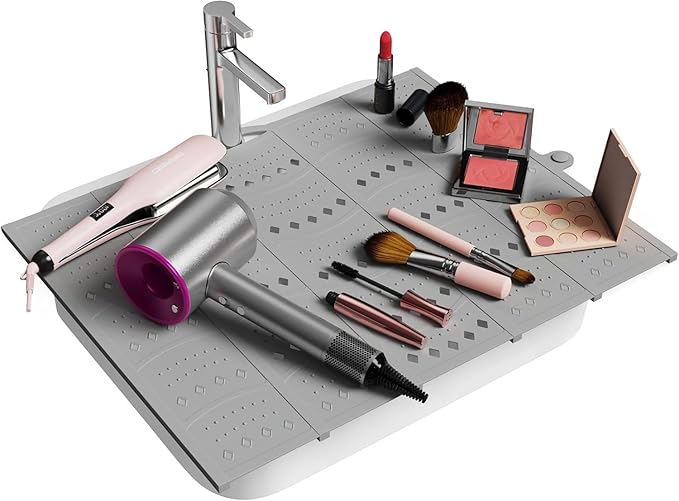 Bathroom Sink Cover for Counter Space, Foldable Silicone Sink Mat Makeup Organizer Mat Space Saver, Women’s Gifts for Valentines RV Camper Travel Must Haves Accessories, Grey