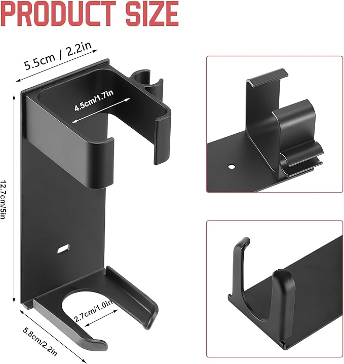 Wall Mount Holder for Hair Styling Tools - Aluminum Alloy Storage Rack for Curling Irons, Straighteners & Multi-Styler Attachments - No Drill Adhesive or Screw Mount (Black)