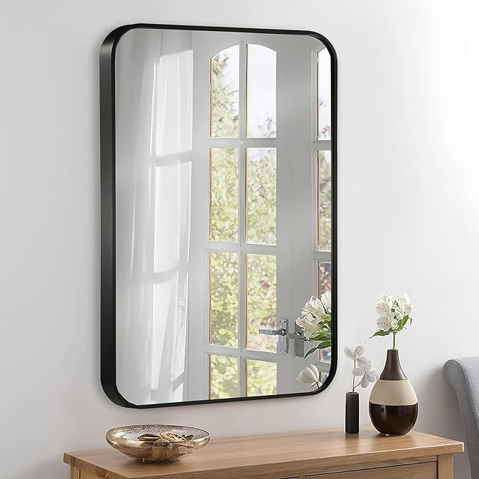 24x32 Inch Black Wall Mirror for Bathroom, Brushed Metal Framed Mirror with Rounded Corner, Rectangle Bathroom Vanity Mirror for Bedroom or Living Room, Horizontal/Vertical