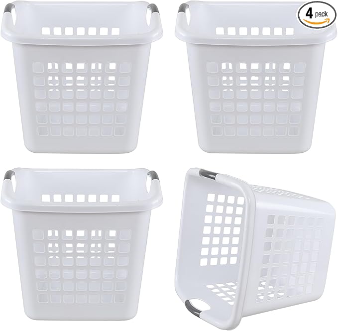 4 Packs 66 L Large Plastic Laundry Basket with Handle, 2 Bushel Plastic Laundry Hamper, Clothes Basket, White