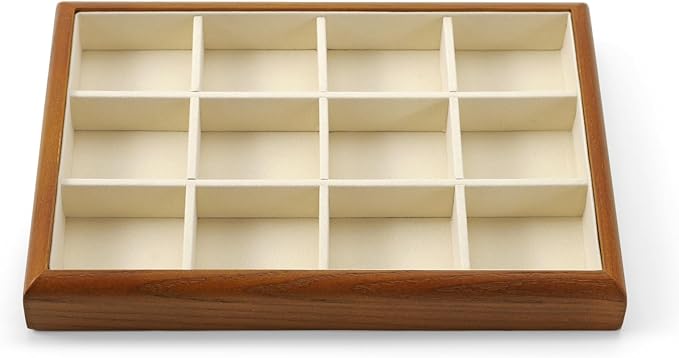 Solid Wood 12 Grids Jewelry Tray Stackable Jewelry Drawer Organizer Showcase Display Organizer Tray for Rings Earrings(Beige)