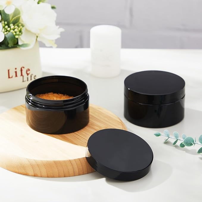 Dandat 24 Pcs 8 oz Plastic Jar Container with Lid and Label Refillable Empty Round Black Pet Cosmetic Sample Slime Containers for Lotion, Cream, Ointments, Body Butter, Makeup, Travel Storage
