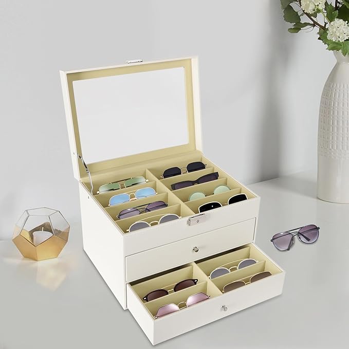 Sunglasses Organizer, Sunglasses Storage Organizer, Eyeglasses Storage Glass Top Lockable Case Organizer Eyeglasses Display Box for Women Men (Black)