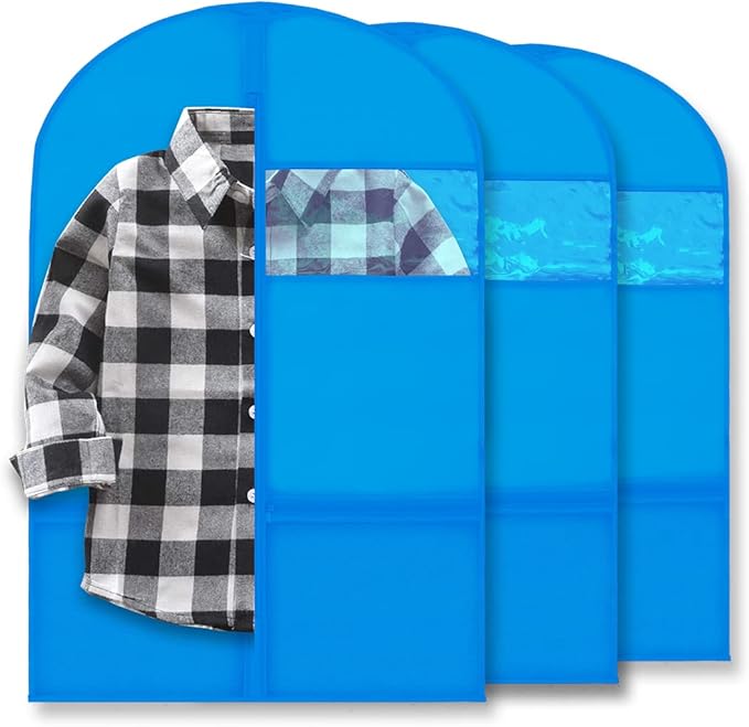 Plixio 36" Kids Garment Bags for Dance Costumes, Childrens Hanging Clothes, Uniform, Suits, Boys Recital Outfit Organizer - Dance Garment Bags For Dancers with Zippered Pockets (3 Pack : 36", Blue)
