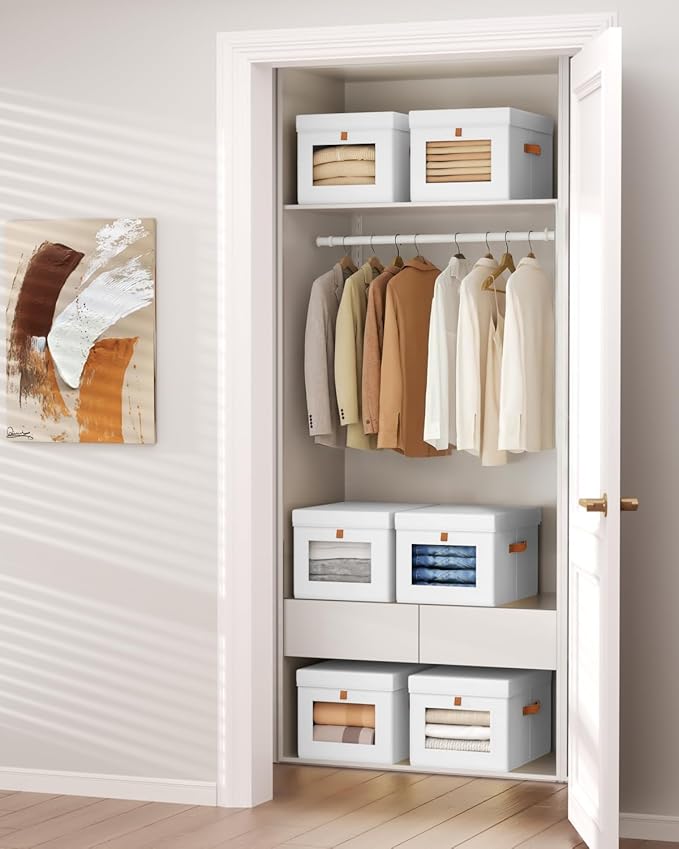 Storage Bins with Lid – Closet Organizer with Side Opening and Clear Window, Foldable Stackable Fabric Basket for Clothes, Home, Office - 13.77" x 11.8" x 9.8", 4 Pack, White