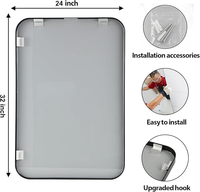 24x32 Inch Black Wall Mirror for Bathroom, Brushed Metal Framed Mirror with Rounded Corner, Rectangle Bathroom Vanity Mirror for Bedroom or Living Room, Horizontal/Vertical