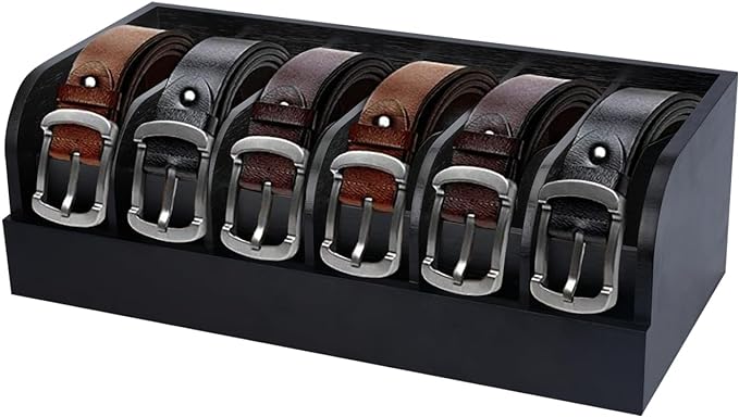 GTI Belt Organizer, 6 Compartments Belt Organizer for Closet and Drawer, Bamboo Display Case for Tie and Belt, Belt Storage Organizer for Men Women (Black)