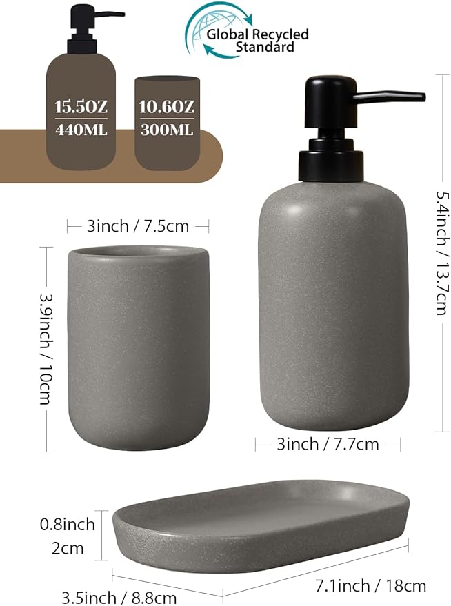 INGOFIN 3 Pcs Ceramic Bathroom Accessory Set - Liquid Soap Dispenser, Toothbrush Holder & Tray, Bathroom Counter Set, Countertop Essentials for Home, Guest Bathroom, or Office Use, Grey