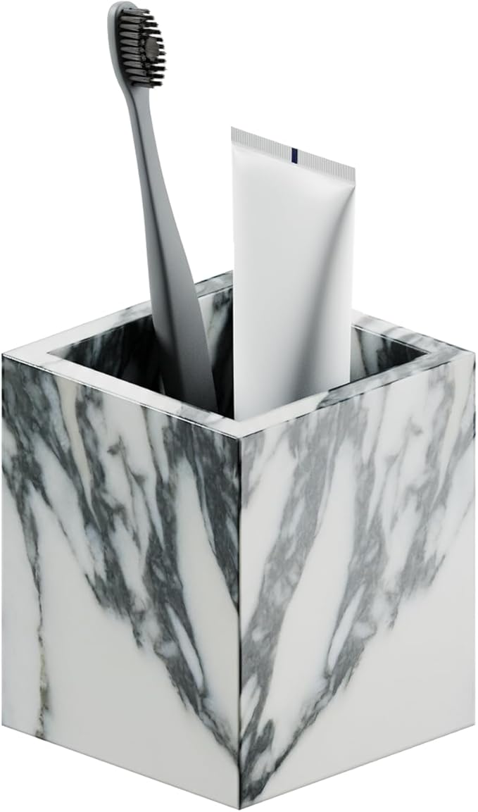 Marble Toothbrush Holder – 4.1" Genuine Stone Bathroom Cup for Makeup Brushes, Pens & Utensils | Natural Marble Organizer for Vanity, Countertop & Home Décor (Arabescato White & Grey)
