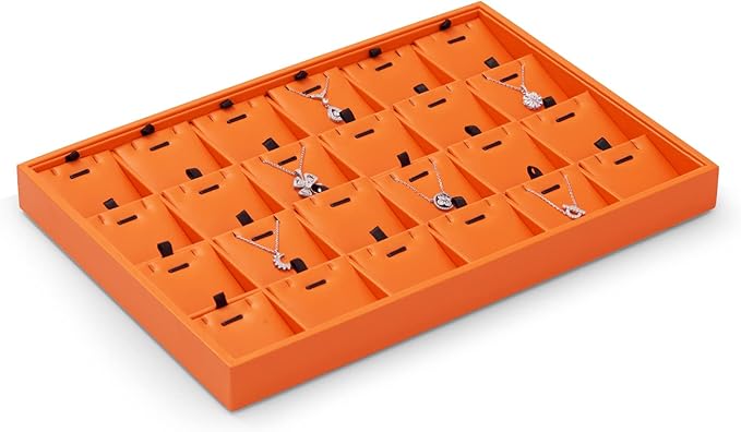 Orange Leather Necklace Tray Jewelry Display Tray 24 Grids Necklace Display Trays Necklace Storage for Drawers With Removable Jewellery Cards Necklace Pendant Tray