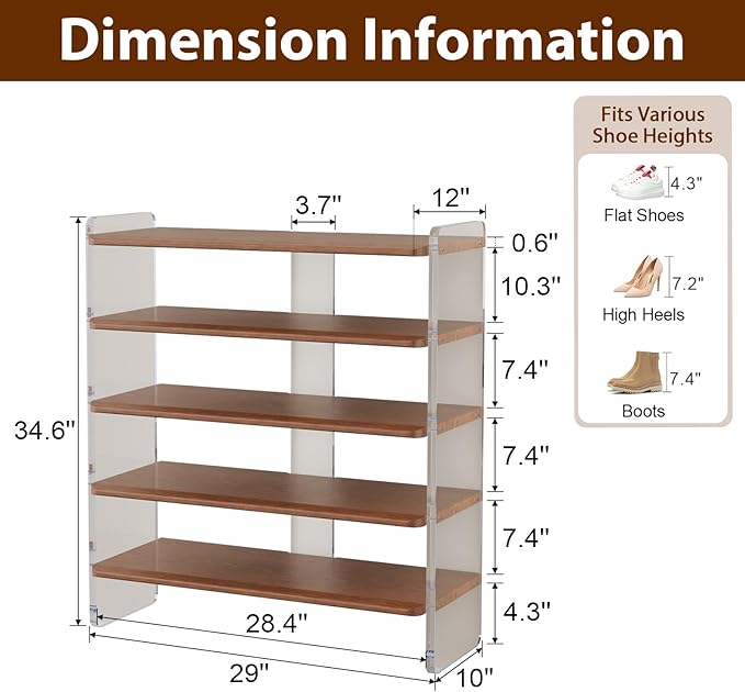 Free Standing Shoe Rack, Closet Shoe Storage Shelves for Entryway Small Space, Garage & Living Room, Wooden Shoe Stand, 5-Tier Modern Shoe Organizer, Solid Wood & Acrylic Frame with Top Shelf
