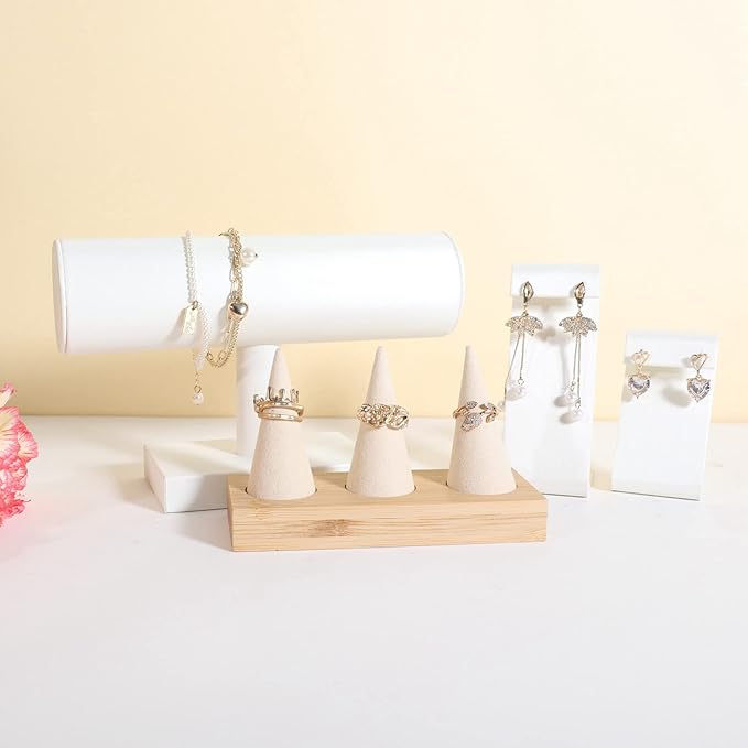 GemeShou Beige wood ring storage organizer, Velvet Jewelry ring display holder, Cute ring display stand for selling, wedding ring holder at nightstand【Beige with three cone】