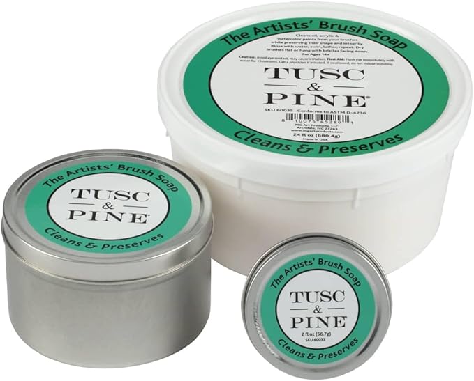 Tusc & Pine The Artists' Brush Soap - 12oz Plant-Based Brush Cleaner, Oil, Acrylic, Watercolor Paint - Nourishes Bristles; Made in North Carolina; Alkali Soap, Gentle Pine Fragrance