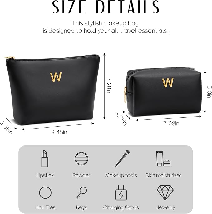 Valentine's Day Gifts for Women Girlfriend Initial Makeup Bag for Teen Girls Personalized Gifts for Friend Teacher Mom Wife Cosmetic Travel Toiletry Bag(Black,W)