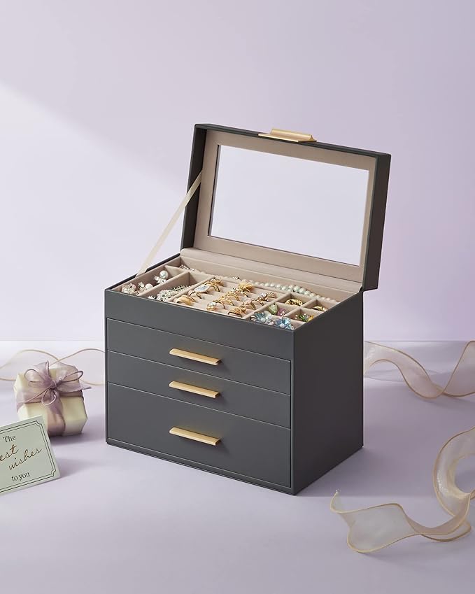 SONGMICS Jewelry Box Organizer with Glass Lid, 4-Layer Jewelry Storage, with 3 Drawers, Modern Style, 6 x 9.9 x 8.5 Inches, Interstellar Gray and Gold Color UJBC161C01