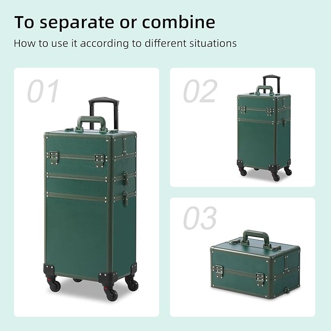 Makeup Train Case, Rolling Makeup Case, 3 in 1 Cosmetology Case on Wheels, Christmas Gift, Large Makeup Case Organizers, Profesional Cosmetic Case for Salon Barber, Green