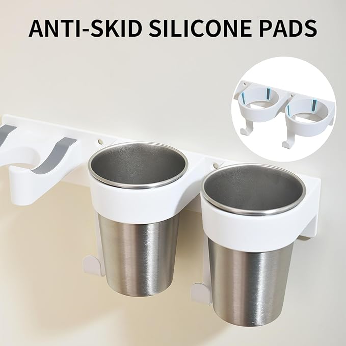 Hot Tools Organizer, Hair Tool Organizer Wall Mount Aluminum Alloy, Space-Saving Curling Iron Holder for Vanity & Bathroom with Stainless Steel Cups White CHOCHOYAH