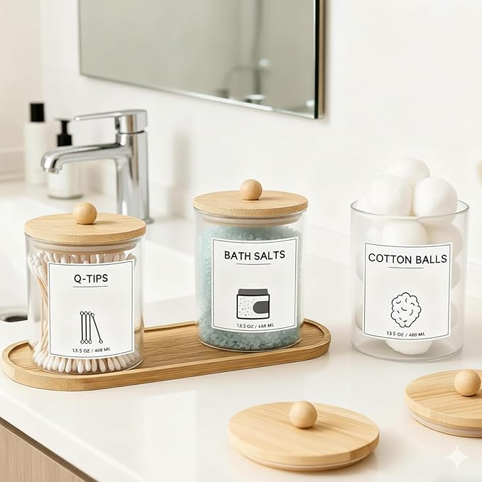 3 PCS Qtip Holder for Bathroom, Cotton Ball Holder with Tray, Bathroom Organizers and Storage, Bathroom Jars for Floss Picks, Cotton Swabs, Balls, Pads(Clear)
