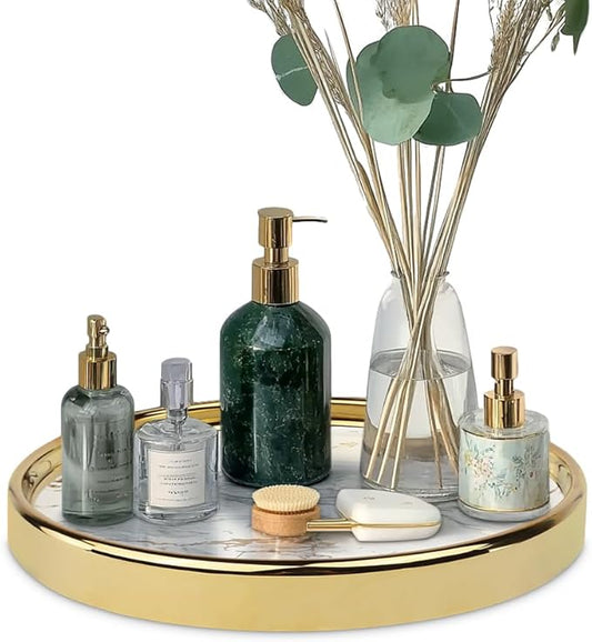 Round Marble Decorative Tray, Multi-Functional Storage Organizer for Vanity, Coffee Table, Jewelry, Perfumes and Home Decor, Luxury Accent Tray