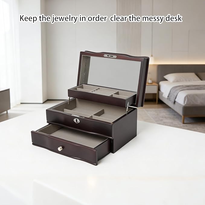 Brown jewelry box,watch cases for men with large Window,3-Tier Storage Organizer And Velvet Lining,jewelry organizers and storage for watches,Tie Pins, Rings