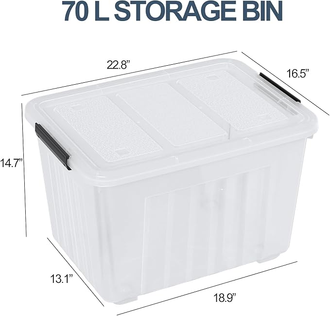 70 L Clear Storage Bin with Wheels, Extra Large Plastic Latching Storage Box, 4 Pack