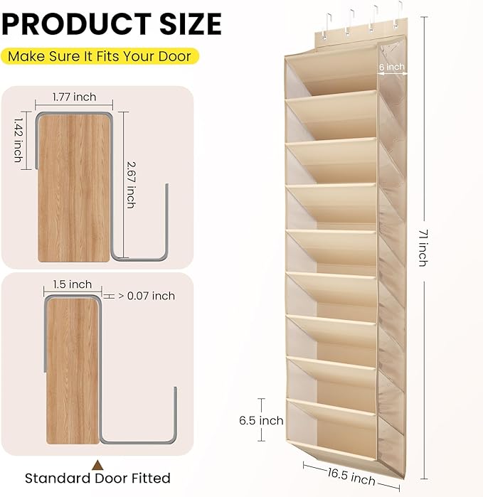 10 Tier Clear Over the Door Shoe Organizer with Deep Pockets, Door Shoes Rack with Hard Tube to Keep the Shape, Hanging Shoe Rack for Closet Organizers & Storage, Behind Door Shoe Holder Beige