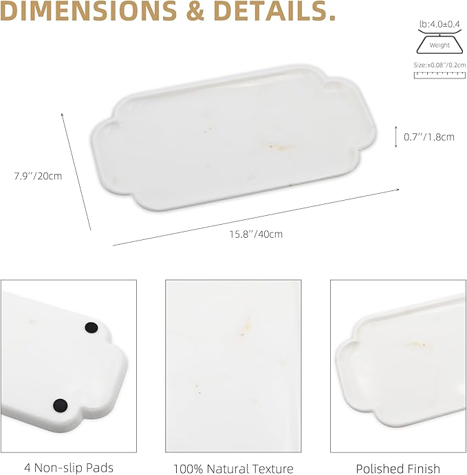 Marmor Real Natural Marble Bathroom Tray for Perfume, Candles, Jewelry Stone Vanity, Bathroom & Kitchen Counter Organizer and Home Decor (Calacatta Gold Marble Lace Long Plate)