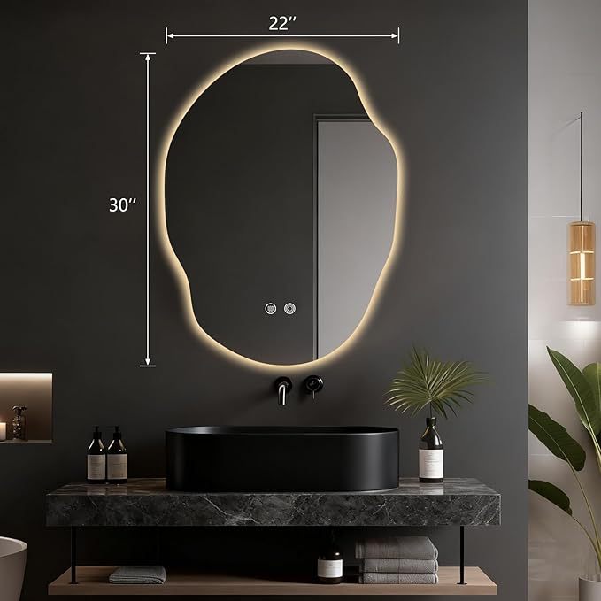 Asymmetrical Bathroom Mirror with Lights,Irregular LED Bathroom Vanity Mirror with Backlit,Anti-Fog,3 Colors and Dimmable Light with Memory,Hardwired Supported[Horizontal/Vertical] 30" H x 22" W