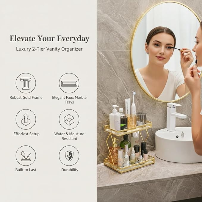 MLVOC Makeup Organizer Countertop, Gold Skincare Organizer, Durable Metal Storage for Bathroom or Bedroom Vanity, Tall Spacious Design for Large Bottles