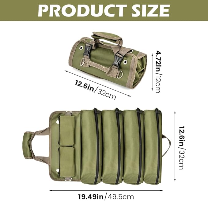 Roll-Up Tool Bag Heavy-Duty Waterproof - 4 Compartments & 2 Detachable Pouches | Compact Tool Organizer for Mechanics, RV & Motorcycle Storage, Handyman & Electricians (Green, Large)
