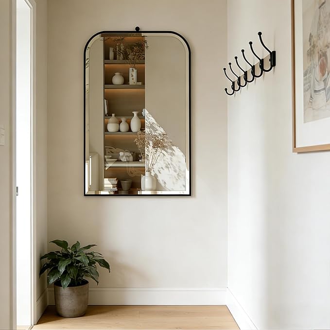 POZINO Beveled Mirror Over Sink, 22"x35" Black Arched Bathroom Mirror, Modern Rounded Rectangle Mirrors with Stainless Steel Frame, Vanity Wall Mirrors for Bedroom Living Room Entryway Fireplace