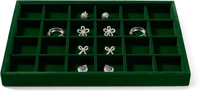 24 Girds Jewelry Ring Tray Earring Organizer Tray Green Velvet Jewelry Organizer Display Trays for Ring Earrings Storage (Green)