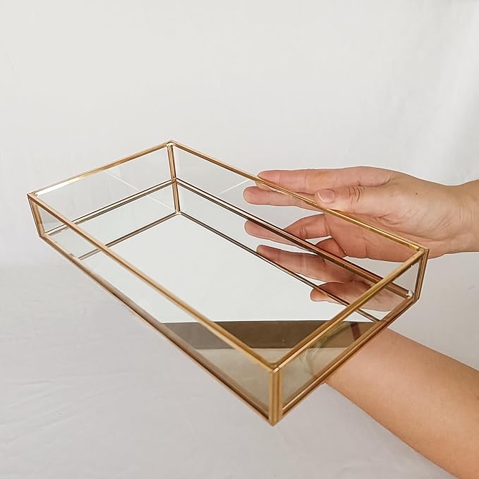 HighFree Rectangle Gold Mirror Tray, Decorative Glass Mirrored Vanity Tray for Perfume, Cosmetics, Makeup, Trinket, Jewelry (10.2X 5.5x1.6)