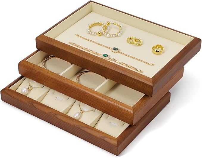 Solid Wood Flat Jewelry Tray Stackable Jewelry Drawer Organizer Showcase Display Organizer Tray(Beige)