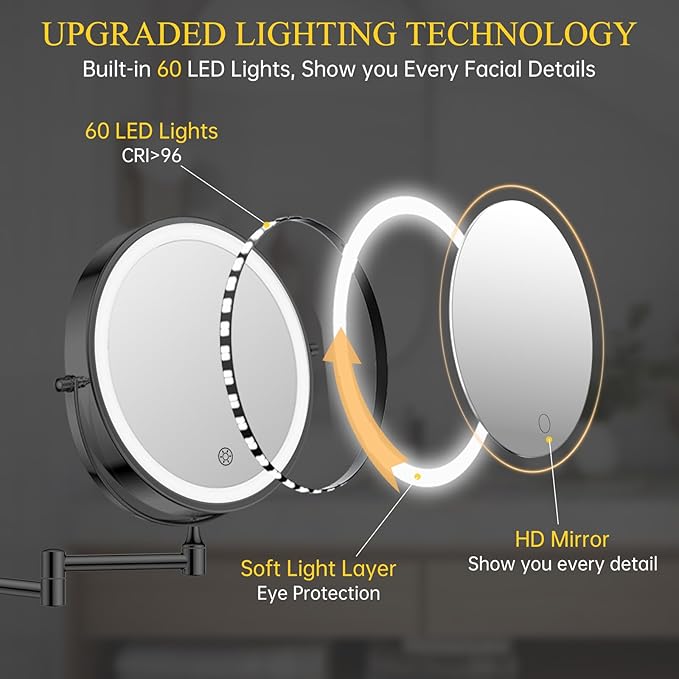 FUNTOUCH 20X/3X Rechargeable Wall Mounted Makeup Vanity Mirror with Lights, Double Sided Magnifying Wall Mount Mirror,3 Color Lighting, Touch Screen Dimming,Extension Arm 360 Rotation Wall Mirrors