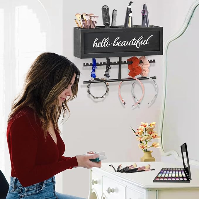 Rustic Hair Dryer Holder Wall Mounted,Hair Styling Tools & Accessories Organizer,Bathroom Supplies & hot Tools vanities Organizer Caddy,for Storage Flat Iron,Blow Dryer,Curling Iron,Towel
