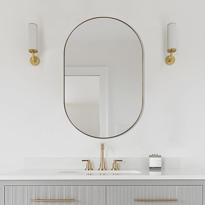 ANDY STAR Gold Oval Mirror, 24’’x36’’ Brass Mirror for Wall, Oval Mirrors for Bathroom in Stainless Steel Metal 1’’ Thin Frame Pill Shaped Hangs Vertical or Horizontal Ideal for Limited Space