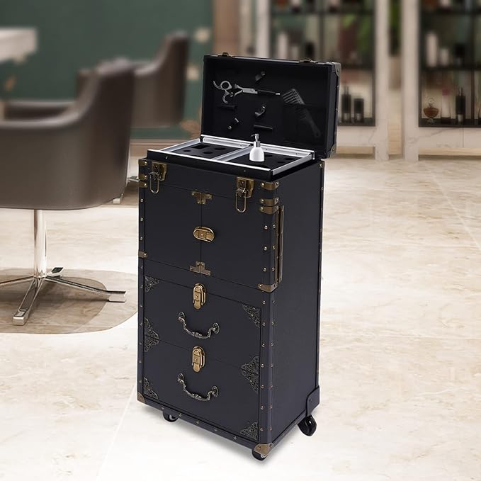Rolling Makeup Train Case, Hairdressing Trolley Stylist Beauty Salon Cosmetic Luggage, Travel Organizer Tool Box with Hair Dryer Holder, Lockable Travel Makeup Trolley (Style 4)